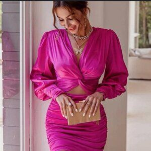 Pink Twist Front Cut Out Ruched Satin Mini Bodycon Dress